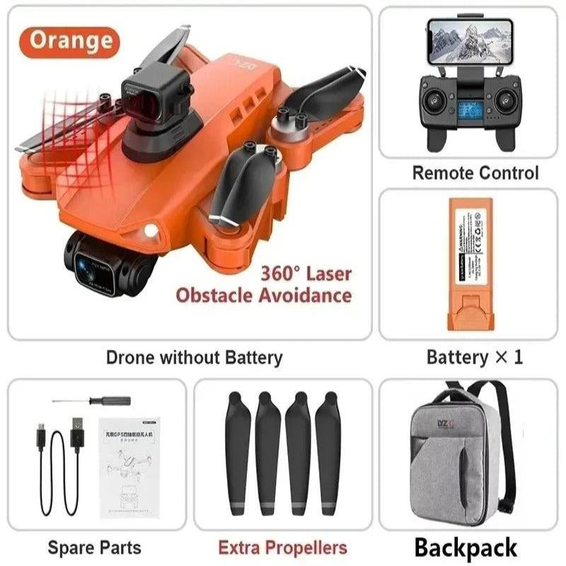 Orange drone with remote control, battery, backpack, spare parts, and extra propellers on a white background.