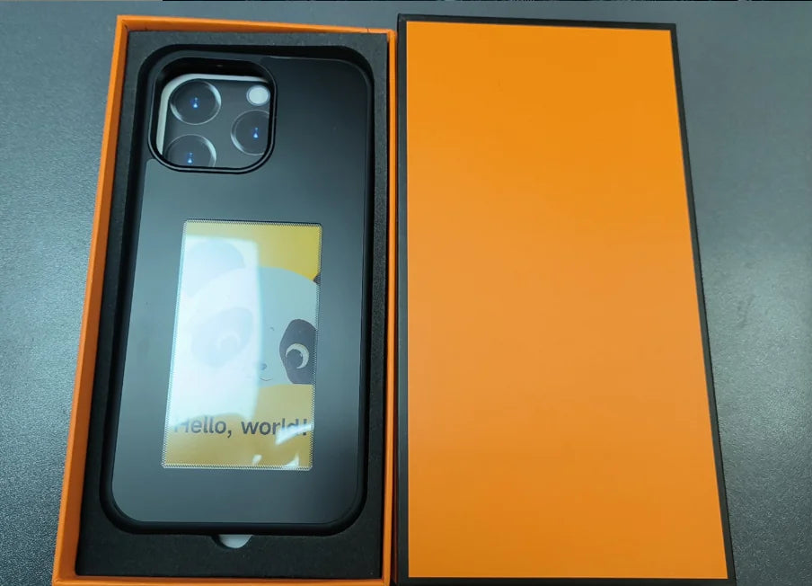 Phone case with 'hello, world!' text in an orange box